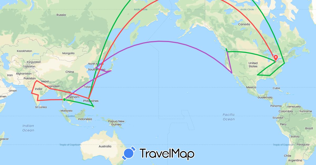 TravelMap itinerary: bus, train, hiking in Canada, India, Japan, South Korea, Philippines, Thailand, United States (Asia, North America)