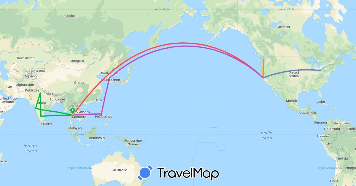 TravelMap itinerary: driving, bus, cycling, train, hiking, hitchhiking in India, South Korea, Philippines, Thailand, United States (Asia, North America)