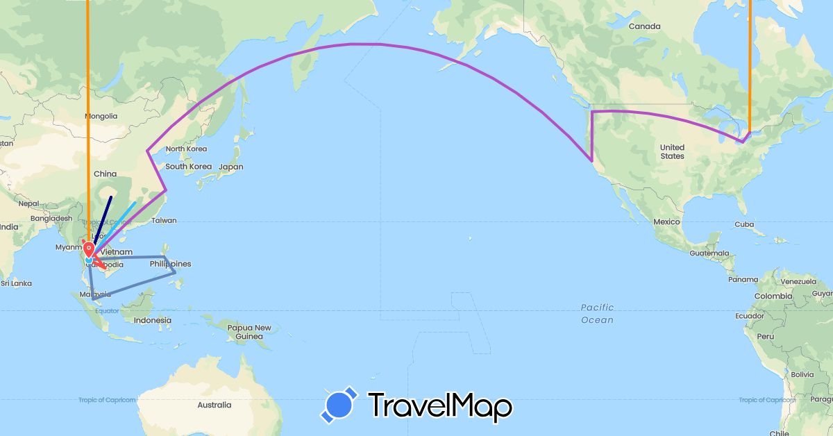 TravelMap itinerary: driving, cycling, train, hiking, boat, hitchhiking in Canada, China, Cambodia, Malaysia, Philippines, Thailand, United States (Asia, North America)