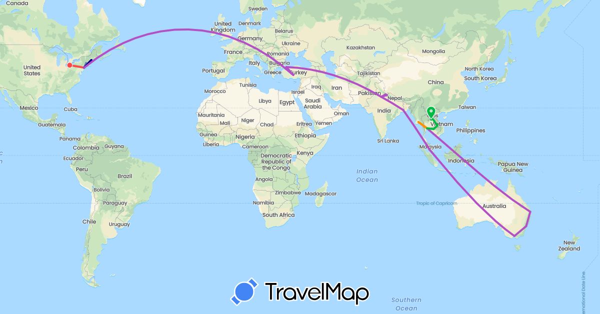 TravelMap itinerary: driving, bus, cycling, train, hiking, hitchhiking in Australia, India, Cambodia, Laos, Myanmar (Burma), Malaysia, Thailand, Turkey, United States (Asia, North America, Oceania)