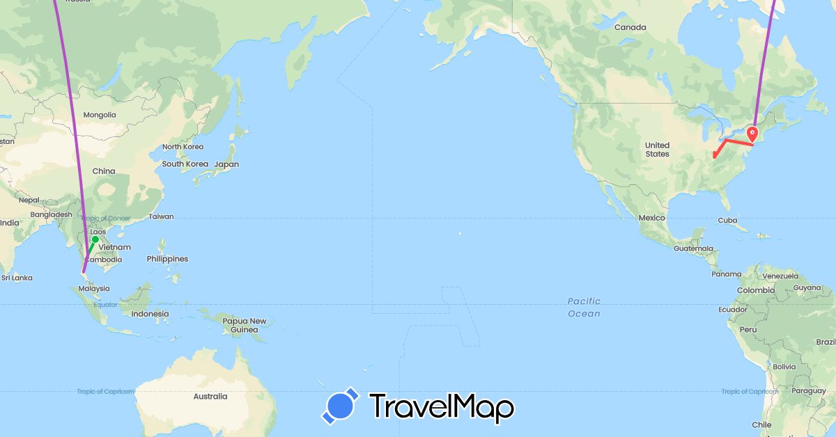 TravelMap itinerary: driving, bus, train, hiking in Laos, Thailand, United States (Asia, North America)