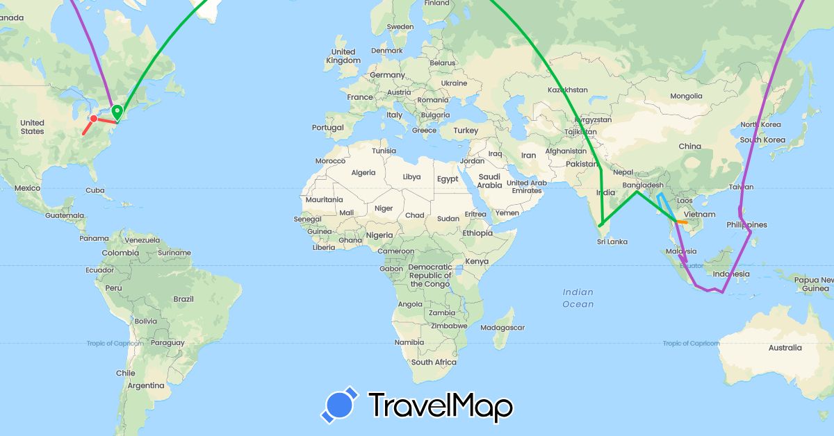 TravelMap itinerary: driving, bus, train, hiking, boat, hitchhiking in Indonesia, India, Cambodia, Myanmar (Burma), Malaysia, Philippines, Singapore, Thailand, Taiwan, United States (Asia, North America)