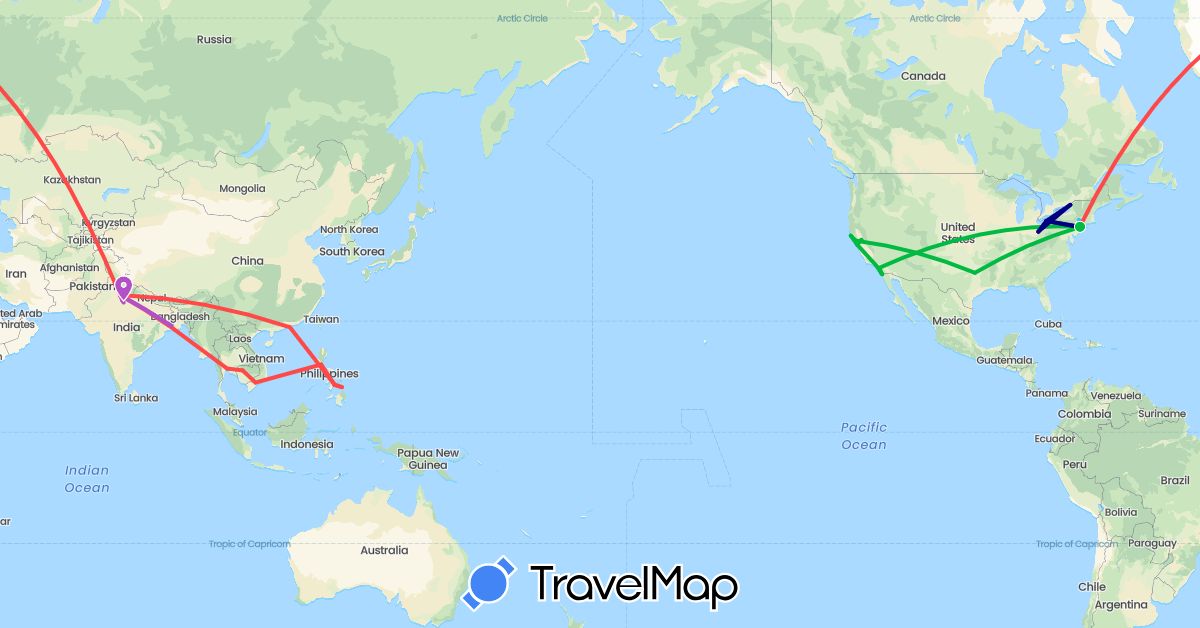 TravelMap itinerary: driving, bus, train, hiking, boat in China, India, Cambodia, Mexico, Philippines, Thailand, United States, Vietnam (Asia, North America)