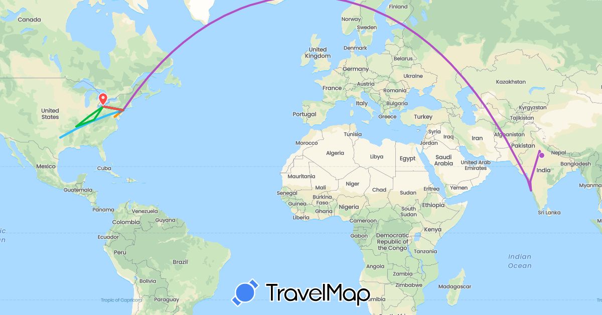 TravelMap itinerary: bus, plane, cycling, train, hiking, boat, hitchhiking, motorbike in India, United States (Asia, North America)