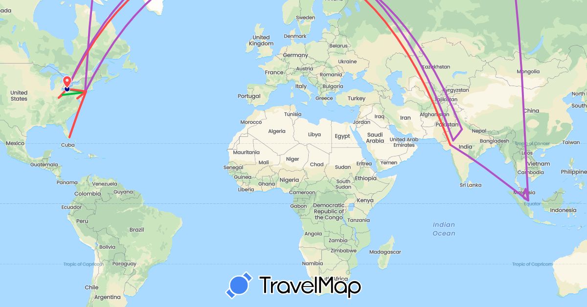 TravelMap itinerary: driving, bus, train, hiking in India, Malaysia, Singapore, United States (Asia, North America)