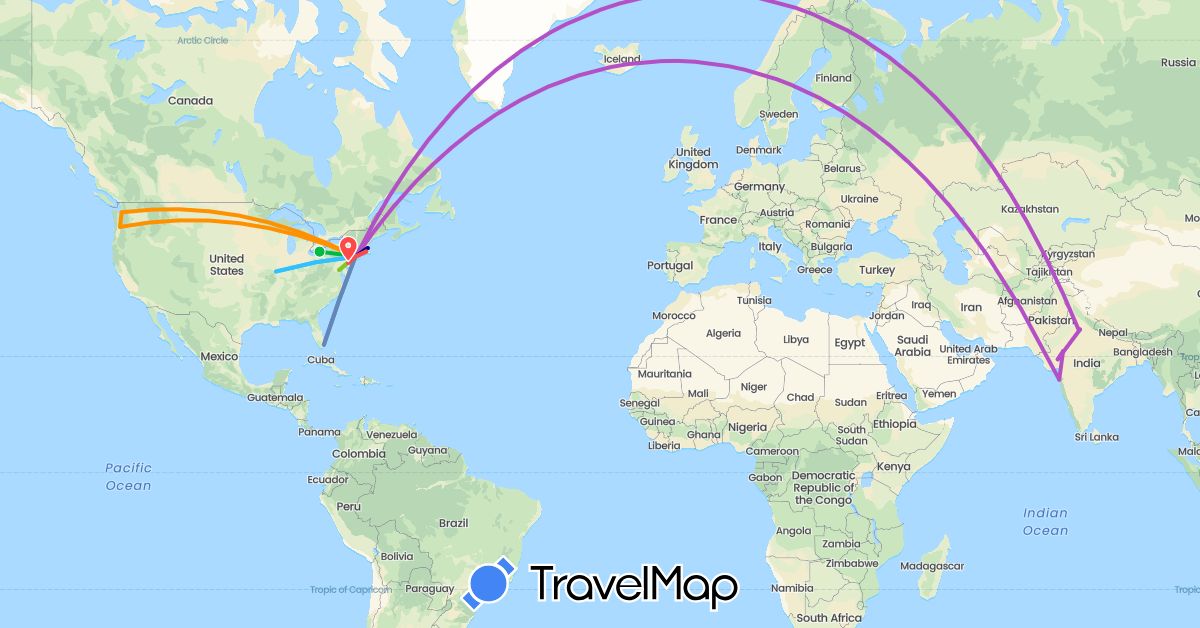 TravelMap itinerary: driving, bus, cycling, train, hiking, boat, hitchhiking, electric vehicle in India, United States (Asia, North America)