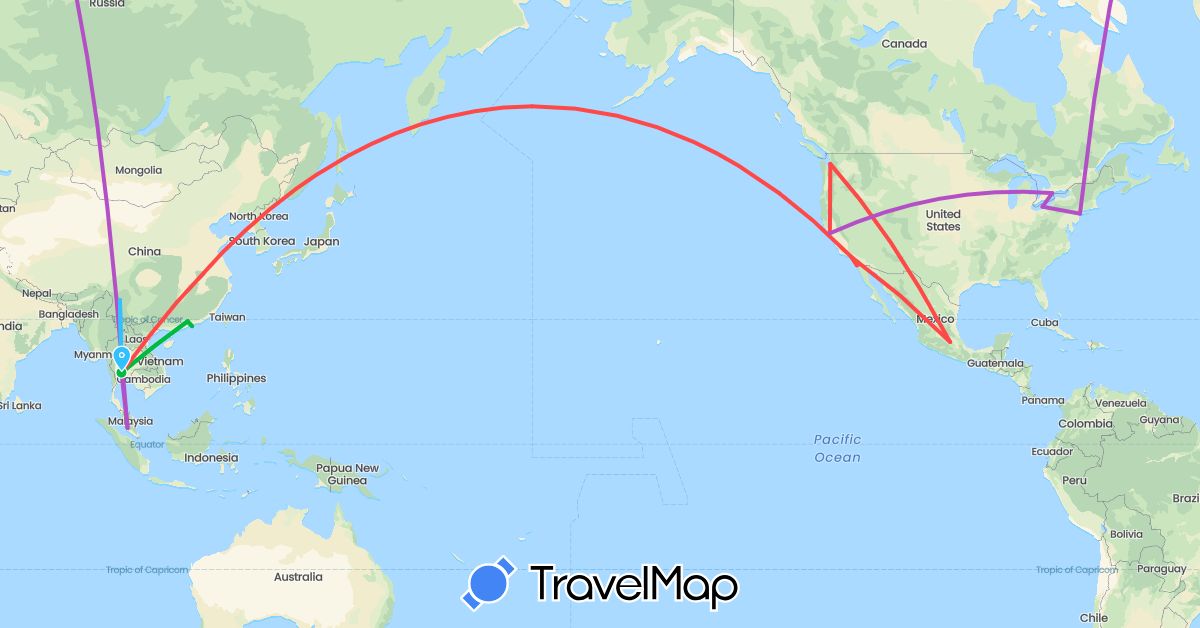TravelMap itinerary: driving, bus, train, hiking, boat in Canada, China, Mexico, Malaysia, Thailand, United States (Asia, North America)