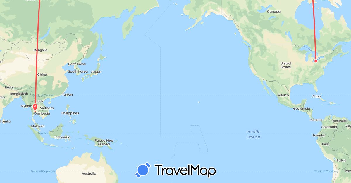 TravelMap itinerary: driving, hiking in Thailand, United States (Asia, North America)