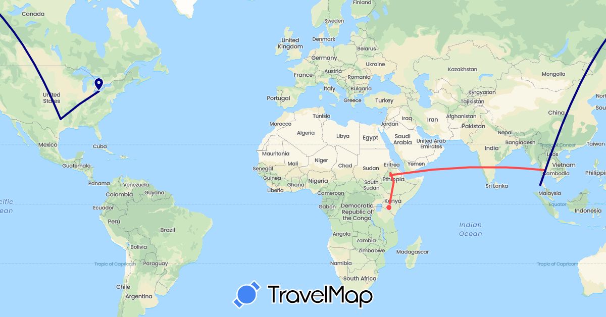 TravelMap itinerary: driving, train, hiking in Ethiopia, Kenya, Thailand, United States (Africa, Asia, North America)
