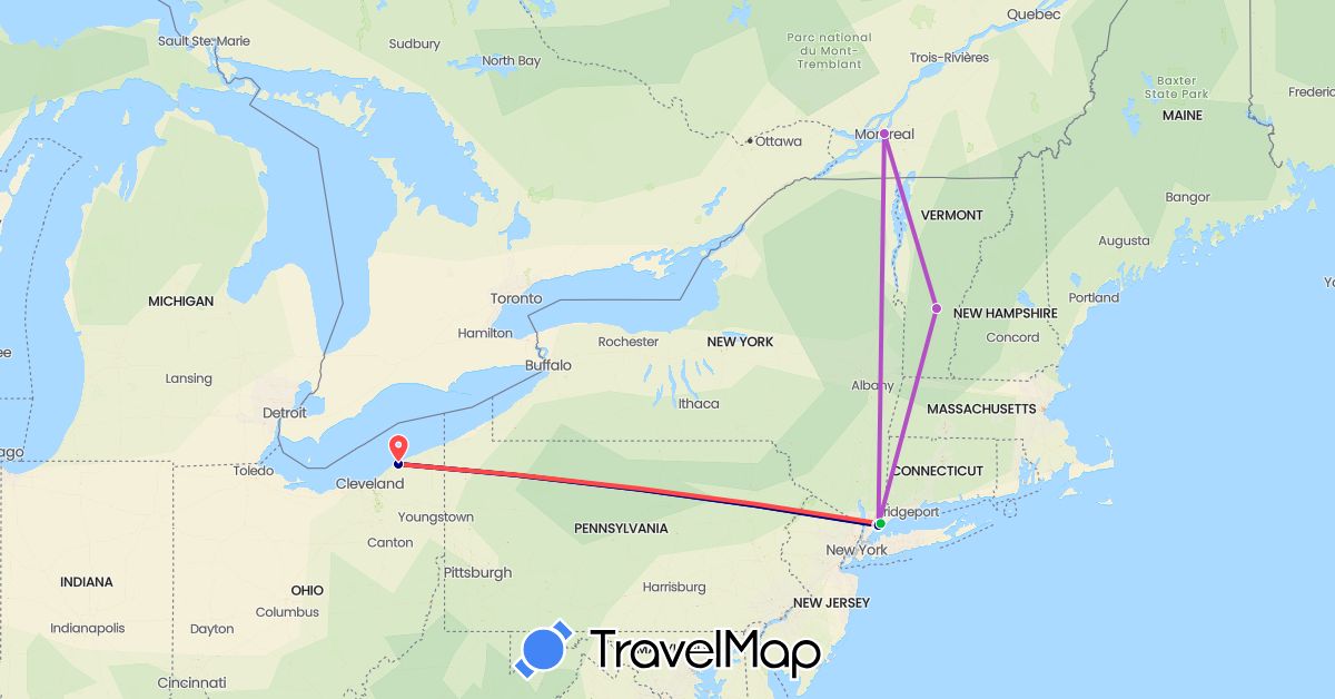 TravelMap itinerary: driving, bus, train, hiking in Canada, United States (North America)