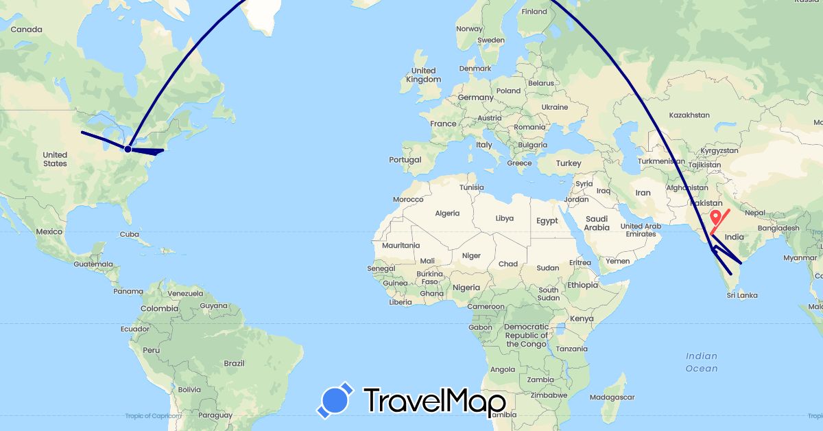 TravelMap itinerary: driving, hiking in India, United States (Asia, North America)