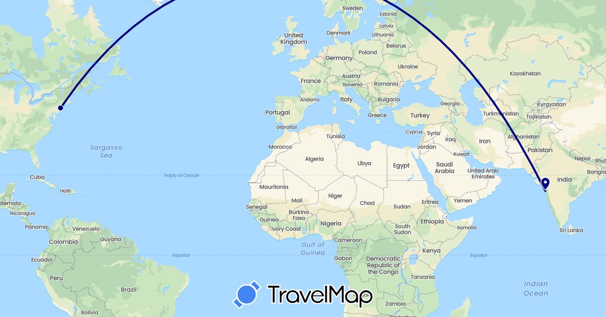 TravelMap itinerary: driving in India, United States (Asia, North America)