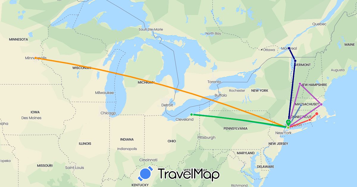 TravelMap itinerary: driving, bus, plane, cycling, train, hiking, boat, hitchhiking, electric vehicle in Canada, United States (North America)