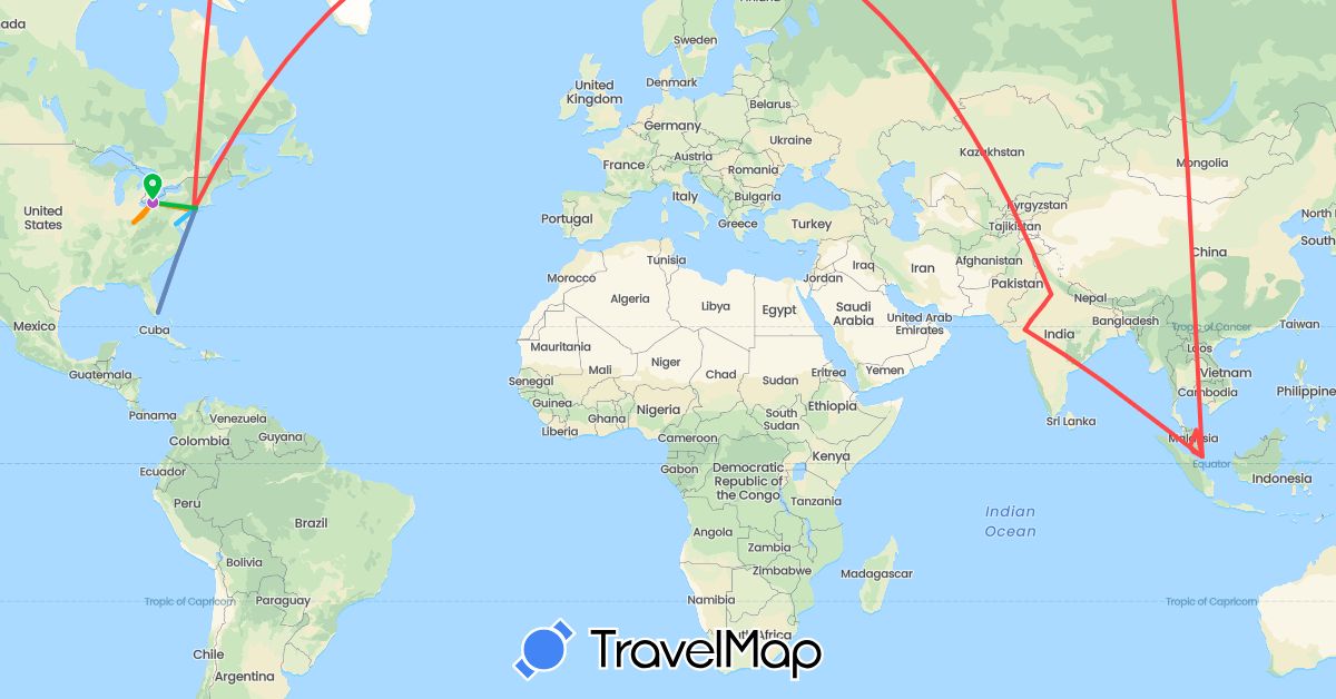 TravelMap itinerary: driving, bus, cycling, train, hiking, boat, hitchhiking in India, Malaysia, Singapore, United States (Asia, North America)
