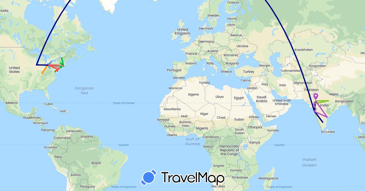 TravelMap itinerary: driving, bus, plane, cycling, train, hiking, boat, hitchhiking, electric vehicle in Canada, India, United States (Asia, North America)